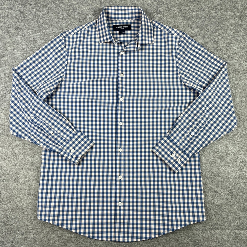 Mizzen+Main Dress Shirt Mens L Blue Gingham Leeward Performance Stretch